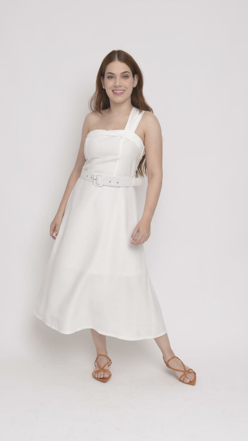 Imagem de Vestido Midi de Alfaiataria Branco com Alça Assimétrica e Corpete Estilo Princesa - Estilo Moderno e Glamouroso